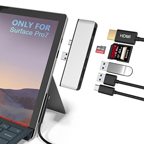 Surface Pro 7 USB C Hub, 6-in-2 Aluminum Surface Pro 2019 Dock with 4K HDMI Adapter+ USB C Audio & Data Transfer Port +2 USB 3.0+SD/TF Card Reader, Converter Combo Adaptor for Surface Pro 7 - color: Silver