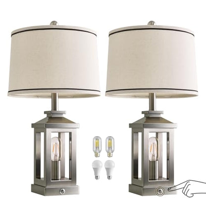 Modern Table Lamps Set of 2 for Living Room 23.75" Bedroom Nightstand Lamps | Touch Lamps with Three-level Dimming Nightlight, Bulbs Included, USB Charging Ports, Silver Modern Bedside Side Table Lamp - color: Metal Silver