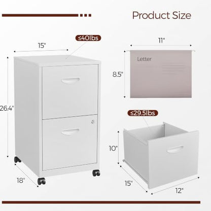 Metal 2 Drawer File Cabinet with Lock & Wheels for Office, White - color: White, style: 2 Drawers Mobile File Cabinet