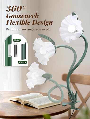 Clip On Light and Bed Headboard Lamp,Valentines Day Gifts for Women,Flower Desk Lamp with 3 Color Modes,USB Power Gooseneck Reading Light,Night Light for Nursery,College Dorm Room Essentials (Green)