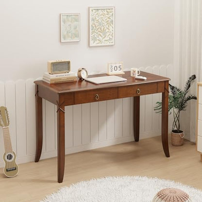 Solid Wood Writing Desk, Home Office Desks with 2 Storage Drawers, 46" Mid-Century Modern Walnut Tables, Computer Desk for Home Office, Easy Assembly Vanity Desk, Study Table Station BSZDR200 - size: 46.06"