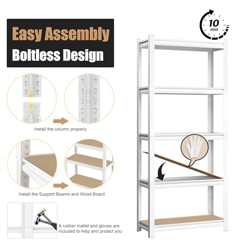 PrimeZone 27.6" W x 11.8" D x 59.8" H White Book Shelf, 5-Tier Bookcase | Modern Open Design, Adjustable Shelves, Standing Display Organizer for Books, Plants & Décor, Sturdy Double-layered Columns - size: 27.6" W x 11.8" D x 59.8" H