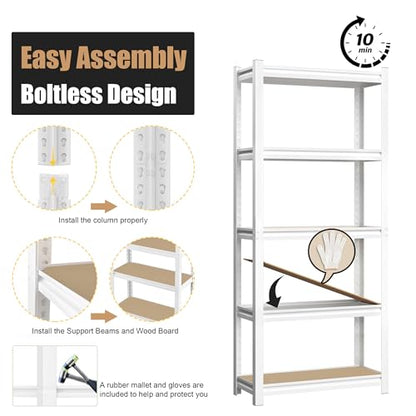 PrimeZone 27.6" W x 11.8" D x 59.8" H White Book Shelf, 5-Tier Bookcase | Modern Open Design, Adjustable Shelves, Standing Display Organizer for Books, Plants & Décor, Sturdy Double-layered Columns - size: 27.6" W x 11.8" D x 59.8" H