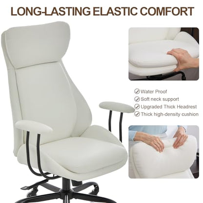 Leather Executive Office Chair, Computer Desk Chair, White | Ergonomic, Rubber Wheels, Lumbar Support, 360° Swivel, High Back, Adjustable Height, for Modern Home Office - color: Pearl White