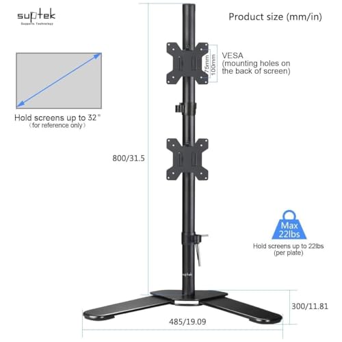 Suptek Dual LED LCD Monitor Stand up Free-Standing Desk Mount for 2 / Two Screens up to 32 inch Extra Tall 31.5 inch Pole Heavy Duty Fully Adjustable Stand Vertical Array (ML6802) - size: Dual Monitor Mount, style: Free standing