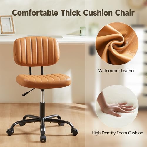 Armless Office Chair, Swivel Rolling PU Leather Vanity Chair with Back Lumbar Support Height Adjustable Computer Chair, Small Desk Chair for Home Office (Brown) - color: Brown