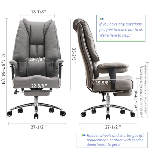 EXCEBET Big and Tall Office Chair 400lbs Wide Seat, Leather High Back Executive Office Chair with Foot Rest, Ergonomic Chairs Lumbar Support for Lower Back Pain Relief (Grey) - color: Grey