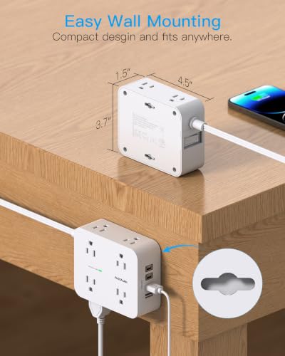 15 Ft Long Extension Cord with Multiple Outlets, Flat Plug Power Strip | Surge Protector, 1080J, 8 Outlets 4 USB Ports(2 USB C), Desk Outlet Extender, Wall Mount, Home Office Dorm Room Essentials
