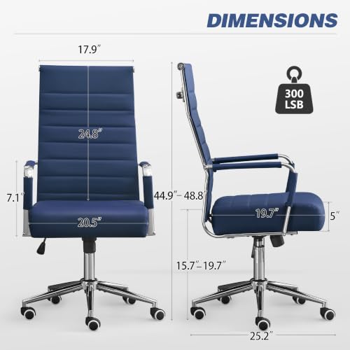 JOMEED Office Desk Chair,Conference Room Chair,High Back PU Leather Swivel | Modern Executive Ribbed Design, Ergonomic, Height Adjustable, Wheels and Arms, for Home Office(Blue-Silver Frame) - color: Blue