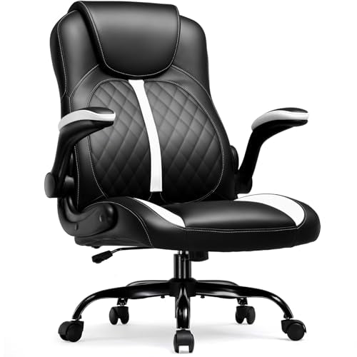COMHOMA Office Computer Gaming Chair Ergonomic Desk Chair for Adults with Lumbar Support Flip-Up Arms Adjustable Height Swivel Wheels PU Leather Executive Design for Short People Use, White - color: Nwhite