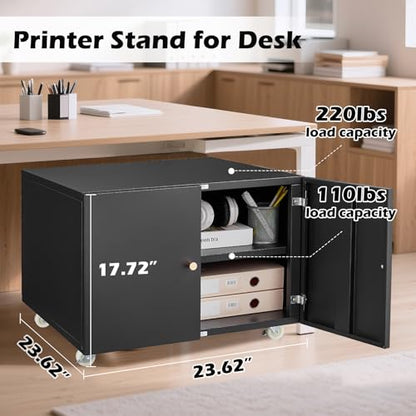 Metal Fridge Printer Stand Cabinet with Storage and Wheels, Black - color: Black - 24''wx24''dx18''h