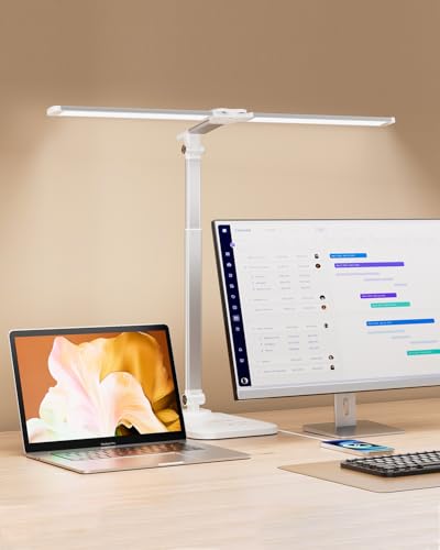 LED Desk Lamp for Home Office, Height Adjustable Architect Desk Light | with USB Adapter, Dimming 50 Lighting Modes, Eye Caring Double Head Computer Desk Lamp for Reading, Study, Workbench - color: White