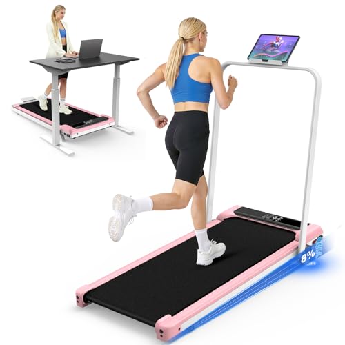 Incline Walking Pad, 3.5HP Foldable Portable Treadmill with Handle Bars, Ultra Quiet ≤40dB Under Desk Treadmills for Home Office, 330LB Capacity, Wide Running Belt, LED Display & Remote Control - color: Light Pink