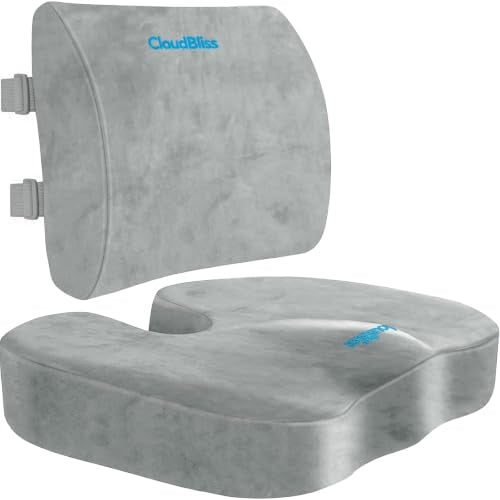 CloudBliss Lumbar Support Pillow & Seat Cushion Set for Office Chair,Desk Chair,Wheelchair & Car–Memory Foam Back Support, Ergonomic Chair Cushions, Sciatica Pain Relief,Home Essentials(Light Grey,XL) - color: Light Grey, size: X-Large