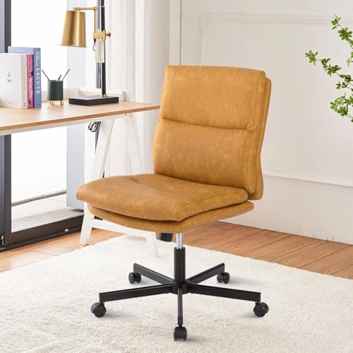 LUCKWIND Armless Office Desk Chair with Wheels, Double Padded PU-Leather Chairs, Mid-Back Criss Cross Swivel Task Chair, Height Adjustable Cushioned Vanity Chair for Home, Office & Bedroom (Yellow) - color: Yellow