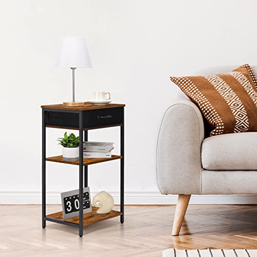 BTY Printer Stand with Storage 3 Tier Home Printer Table with Drawers Multifunctional Under Desk Printer Shelf Holder Industrial End Table Nightstand for Fax Machine Scanner Files Brown