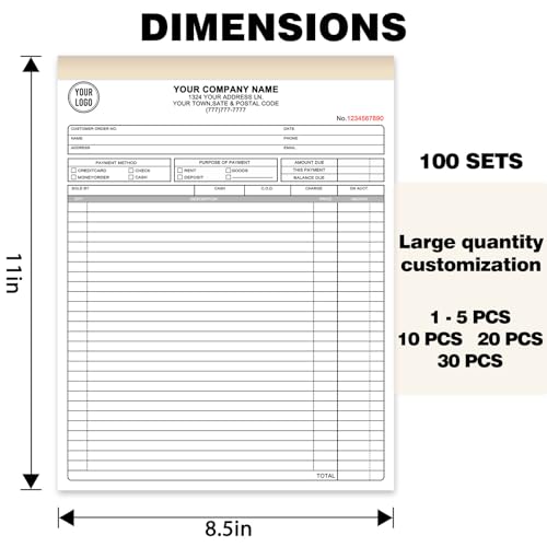 Custom Invoice Book with Logo 50 Set Personalized Receipt Books Customized Invoices for Small Business 3 - Parts Carbonless Duplicate Invoice Forms NCR Books - size: 8.5" x 11", style: 3-part invoice