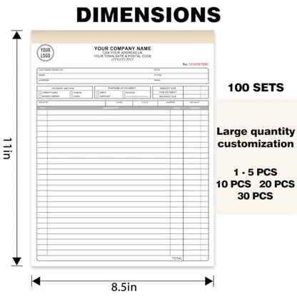 Custom Invoice Book with Logo 50 Set Personalized Receipt Books Customized Invoices for Small Business 3 - Parts Carbonless Duplicate Invoice Forms NCR Books - size: 8.5" x 11", style: 3-part invoice