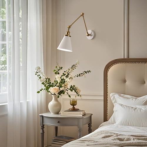 JONATHAN Y Rover 1-Light Wall Sconce 7", White/Brass Gold | Adjustable Arm, Hardwired Bedside Reading Swing Arm, Farmhouse Cone Shade, Metal Hardwired Indoor Fixture, LED Bulbs Included - color: White/Brass Gold, size: Set of 1