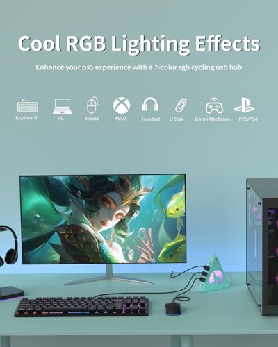Green 7-Port USB 3.0 Hub,Vertical USB Hub Tower with RGB Lighting & 5Gbps Data Speed, 2FT Cable - Gaming USB Hub Splitter for PC, Desktop, Laptop, PS5, Xbox, Flash Drives - color: Green