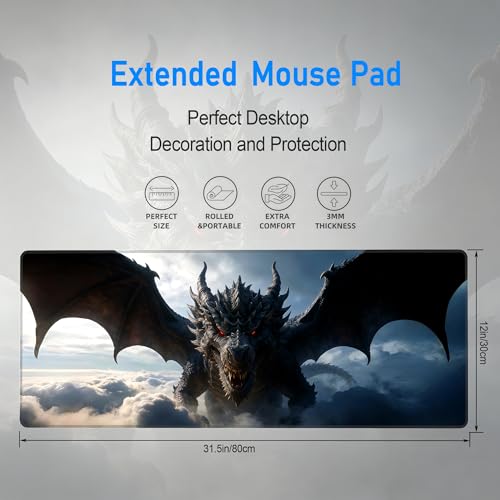 Epic Dark Fantasy Dragon Desk Mat,Large Black Mouse Pad,31.5 x 12 in | Extended Cool Mythical Desk Decor Gaming Mousepad for Men,Big XL Computer Keyboard Pad with Stitched Edges,80 x 30 cm - color: Cool Dragon-2