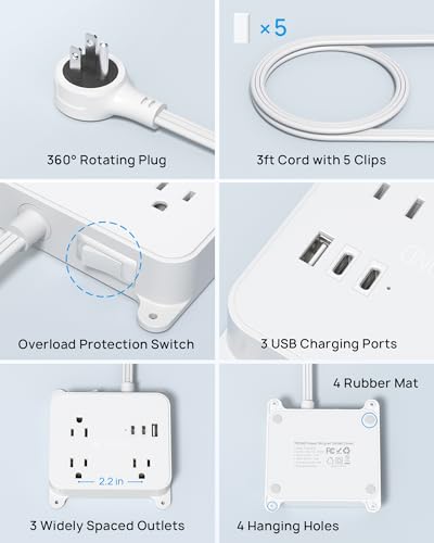 TROND 360 Rotating Plug Flat Power Strip, 3FT Short Extension Cord with USB - size: 3FT