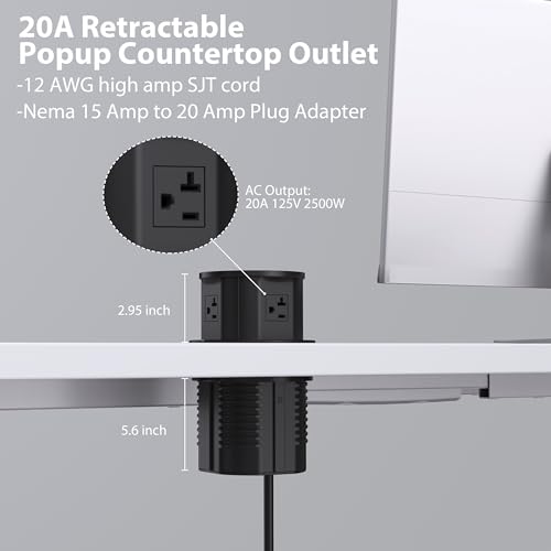 ANNQUAN 4.7" 20amp Pop Up Countertop Outlet Wireless Charger 65W USB Black | Pop Up Outlet with 3 Outlets 3 USB Ports Home Office Kitchen - color: Black, size: 20 Amp(Standard)