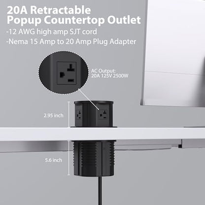 ANNQUAN 4.7" 20amp Pop Up Countertop Outlet Wireless Charger 65W USB Black | Pop Up Outlet with 3 Outlets 3 USB Ports Home Office Kitchen - color: Black, size: 20 Amp(Standard)