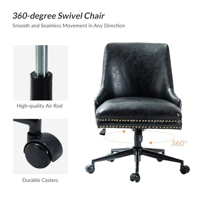 HULALA Home Leather Office Chair with Nailhead, Armless Desk Chair, Black - color: Black