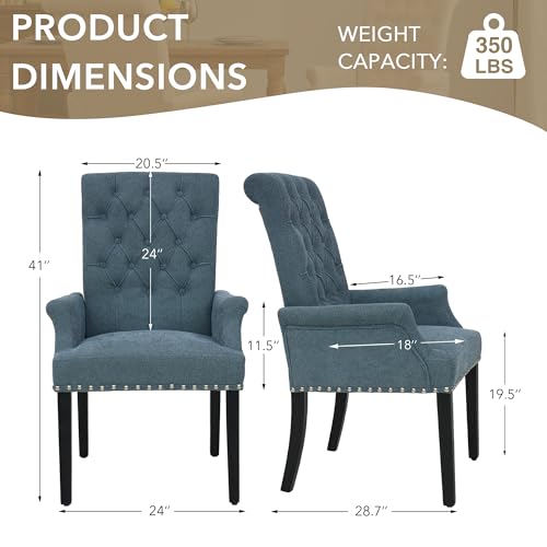LOULENS Linen Dining Chair with Arms, Tufted Dining Room Chairs, Blue | Solid Wood Legs, Nailhead Trim, Accent Chair, Kitchen Chair - color: Light Blue, size: 1 PCS