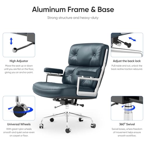 Genuine Leather Office Chair, Mid Back Executive Desk Chairs with Aluminum Arms and Wheels, Swivel Office Leather Chair with Thickened Backrest and Ergonomic Lumbar Support, Dark Blue - color: Dark Blue