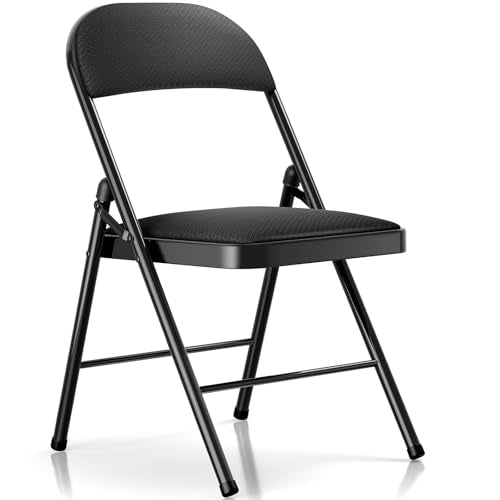 Fenbeli Padded Folding Chair with Cushion, Black Fabric Foldable Chair for Extra Guest Seating, Home Office & Dorm, 330-Pound Heavy-Duty Steel Frame, Auto-Lock Hinge, Breathable Cushion, Folds Flat - color: Black, Fabric, size: Set of 1