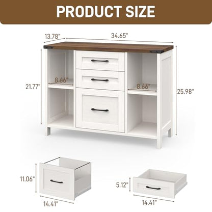 Vabches File Cabinet with 3 Drawers, Farmhouse Lateral File Cabinet Fits Files Letter/A4 Size, Wooden Filing Cabinet with Adjustable Shelves Printer Stand for Home Office, White - color: White and Brown