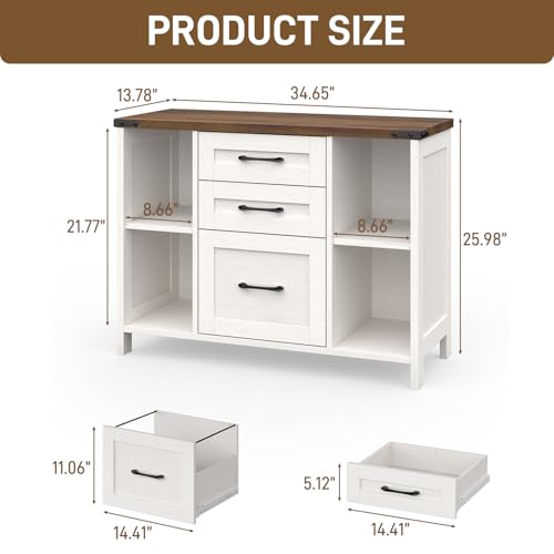 Vabches File Cabinet with 3 Drawers, Farmhouse Lateral File Cabinet Fits Files Letter/A4 Size, Wooden Filing Cabinet with Adjustable Shelves Printer Stand for Home Office, White - color: White and Brown