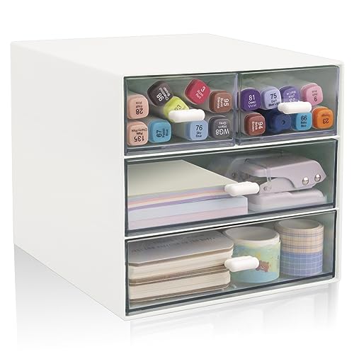 Desk Organizer with Drawer, Office Organizer with 4 Drawers, Desk Storage Box for, Desktop, Dressing table, Office, School, Home, Plastic Box and 4 Acrylic Drawers(White) - color: White