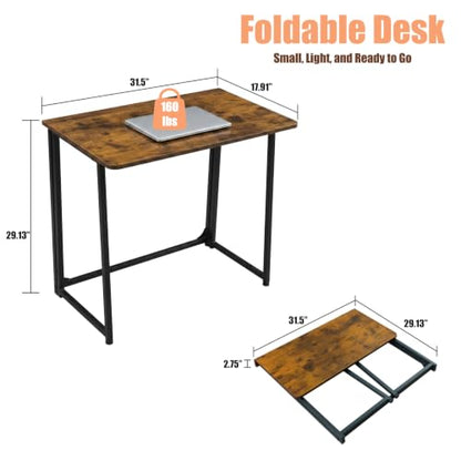 31.5" Folding Desk for Small Spaces, Foldable Computer Table for Home Office, Study,Bedroom,Dorm,Craft, Space Saving,Small Writing Work Office Compact Computer Desk,Easy Assembly,Rustic Brown