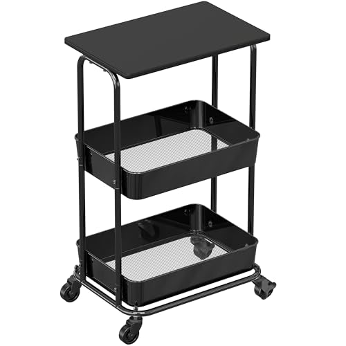 Simple Houseware 2-Tier Rolling Utility Cart Wood Top/Lockable Wheel, Black | Metal Storage Organizer Trolley for Kitchen, Bathroom, Office, Craft Room - color: Black