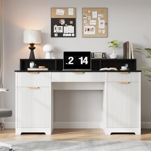 Office Desk MDF, Power Outlets, Monitor Stand, White/Black | MDF desk, built-in power outlets, raised monitor stand, keyboard pull-out, file cabinet drawers, home office