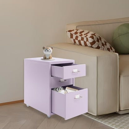 3 Drawers File Cabinet, 16*11*18.9In Aluminum Alloy Mobile Filing Cabinet Rolling Filing Cabinets Rectangular Storage Cabinets with Lock&4 Wheels for Kitchen Bedroom Living Room (Purple) - color: Purple