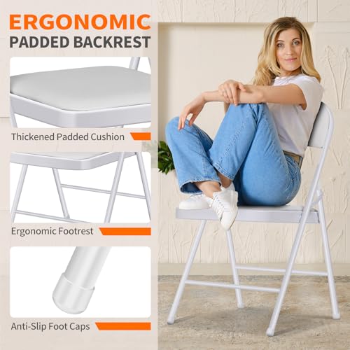 Fenbeli 6 Pack Padded Folding Chairs with Cushion, White PU Leather Foldable Chairs for Holidays, Parties & Big Gatherings, 330-Pound Heavy-Duty Steel Frame, Auto-Lock Hinge, Wipe-Clean, Folds Flat - color: White, size: Set of 6