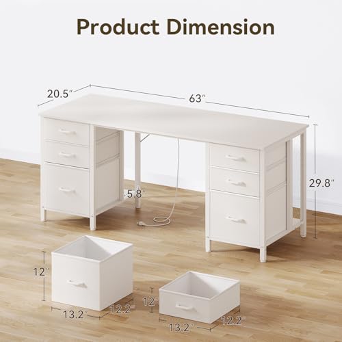 ODK 63 inch Computer Desk with 6 Fabric Drawers, Home Office Desk | White Desk with File Drawers Cabinet, Writing Table Desk with Large Storage for Study, Gaming - color: White