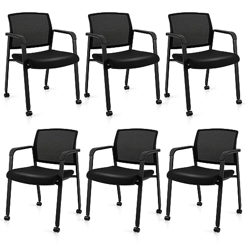 Tangkula Rolling Conference Room Chairs Set of 6, Stackable Office Guest Mesh Chairs with Armrests and Wheels, Ideal for Waiting Room Office, School, Lobby (Black) - color: Black, size: Set of 6