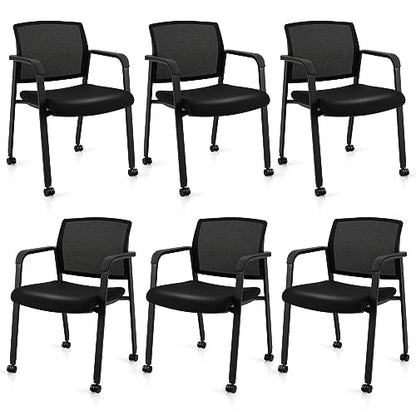 Tangkula Rolling Conference Room Chairs Set of 6, Stackable Office Guest Mesh Chairs with Armrests and Wheels, Ideal for Waiting Room Office, School, Lobby (Black) - color: Black, size: Set of 6