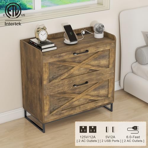 Halitaa File Cabinet 2 Drawers Lateral File Cabinet with Charging Station for Letter/Legal/A4 Size Hanging Files, Large Wood File Storage Cabinets Printer Stand for Home Office, Brown | Filing Cabinet for Letter/Legal/A4 Size Hanging Files, Large Wood Fil