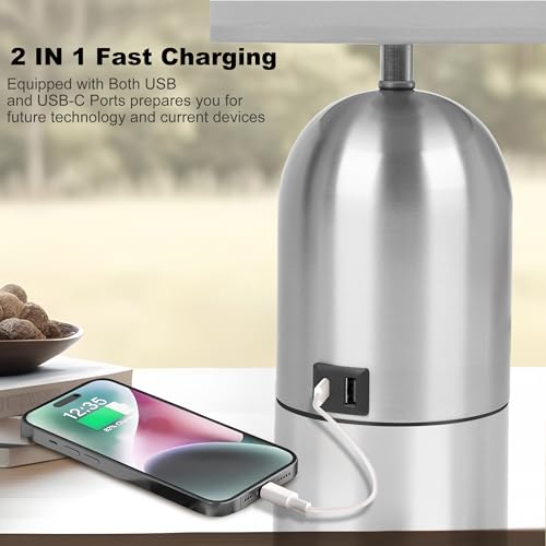 Bedside Table Lamp for Bedroom, 3 Way Dimmable Touch Desk Lamp | USB Charging Port Table Lamps for Living Room, Bedroom, Reading Room, Office, Grey/Sliver