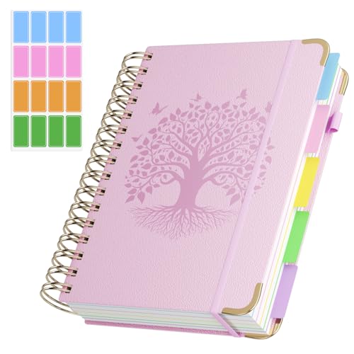QIYVLOS Hardcover Spiral Notebook, A5 Journal with Removable Dividers Tabs, 5 Subject Notebook College Ruled, 320 Pages 6"x8" Leather Notebooks for Work School Study, Lined Journal for Women, Pink - color: A5/Pink
