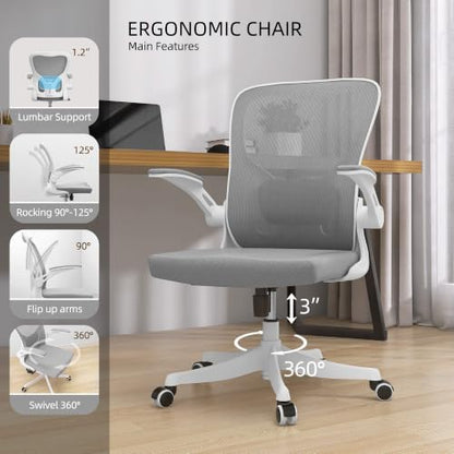 Monhey Ergonomic Office Chair, 90°-125° Tilt Back Home Desk Chair with 360° Swivel & Mute Wheels, High Back Mesh Computer Chair for Adults with Lumbar Support, 330 LBS Capacity (01White+Gray) - color: 01white+gray