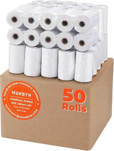 MUNBYN 2 1/4" inch x 50'ft Thermal Paper (50 Rolls), BPA Free Receipt Paper, 58mm Thermal Receipt Papers Fits All 58mm Thermal POS Printer, Square Terminal Credit Card Machines printers clearly - size: 2 1/4" x 50', style: 50 Rolls