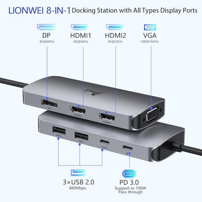 LIONWEI USB C Docking Station Dual Monitor, Laptop Docking Station 3 Monitors Quadruple Display with Dual 4K HDMI, DP, VGA, 100W PD, 3 USB C/A 2.0, Laptop Dock for Dell, Lenovo, HP, Surface