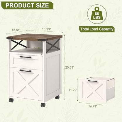 Vabches Office Filing Vertical Cabinet with 2 Drawers, Unique White | Farmhouse Filing Cabinet with Open Storage Space, Wheels and Printer Stand for Hanging Files Letter/A4 for Home Office. - color: Unique White, style: Vertical